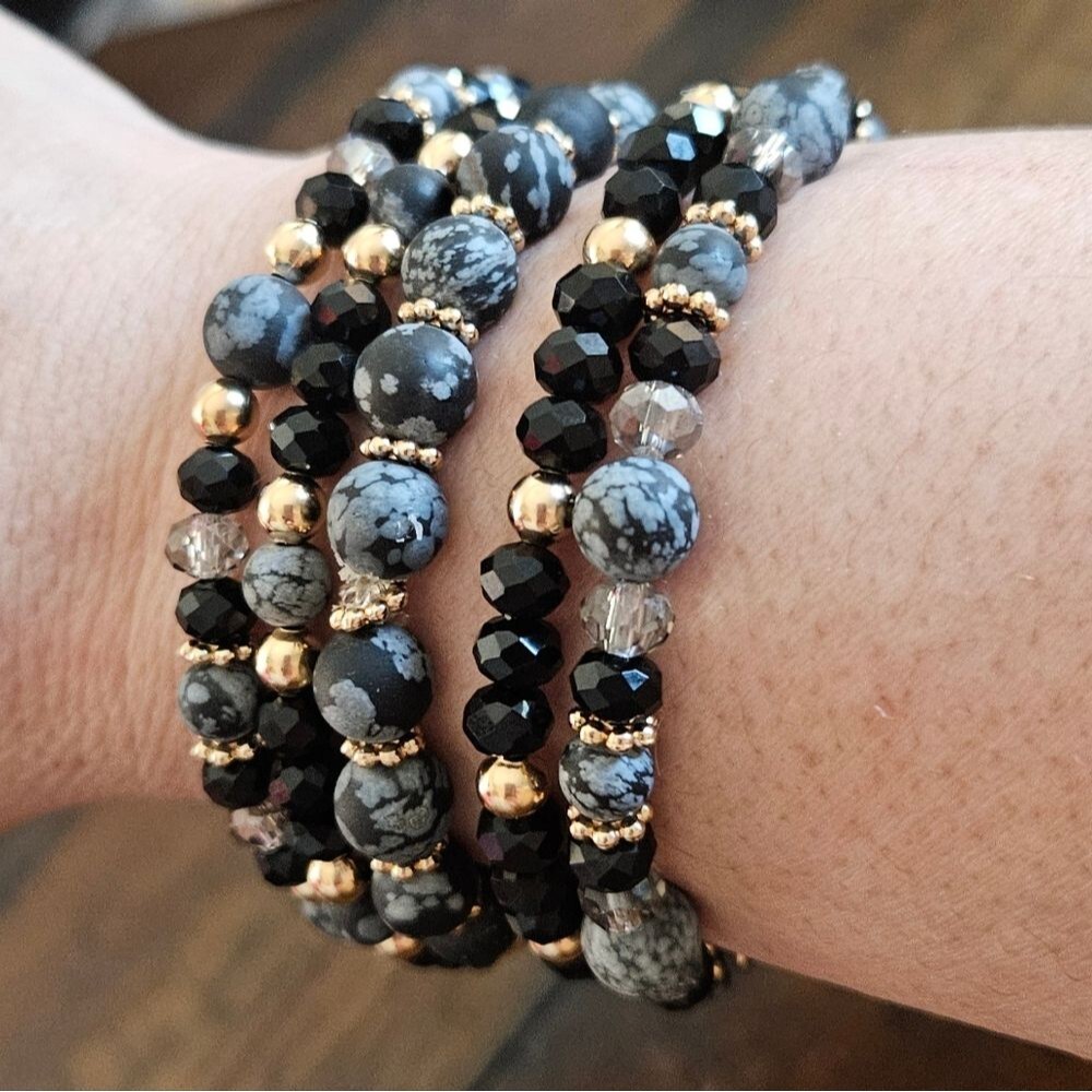 5 Handmade Black/White Obsidian Bracelets Black Crystals & Gold Beads